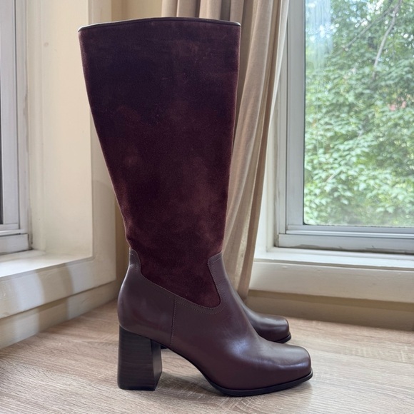 New Reformation Frederique Knee High Boot Heeled Leather Oak Suede 8.5 - Picture 3 of 14
